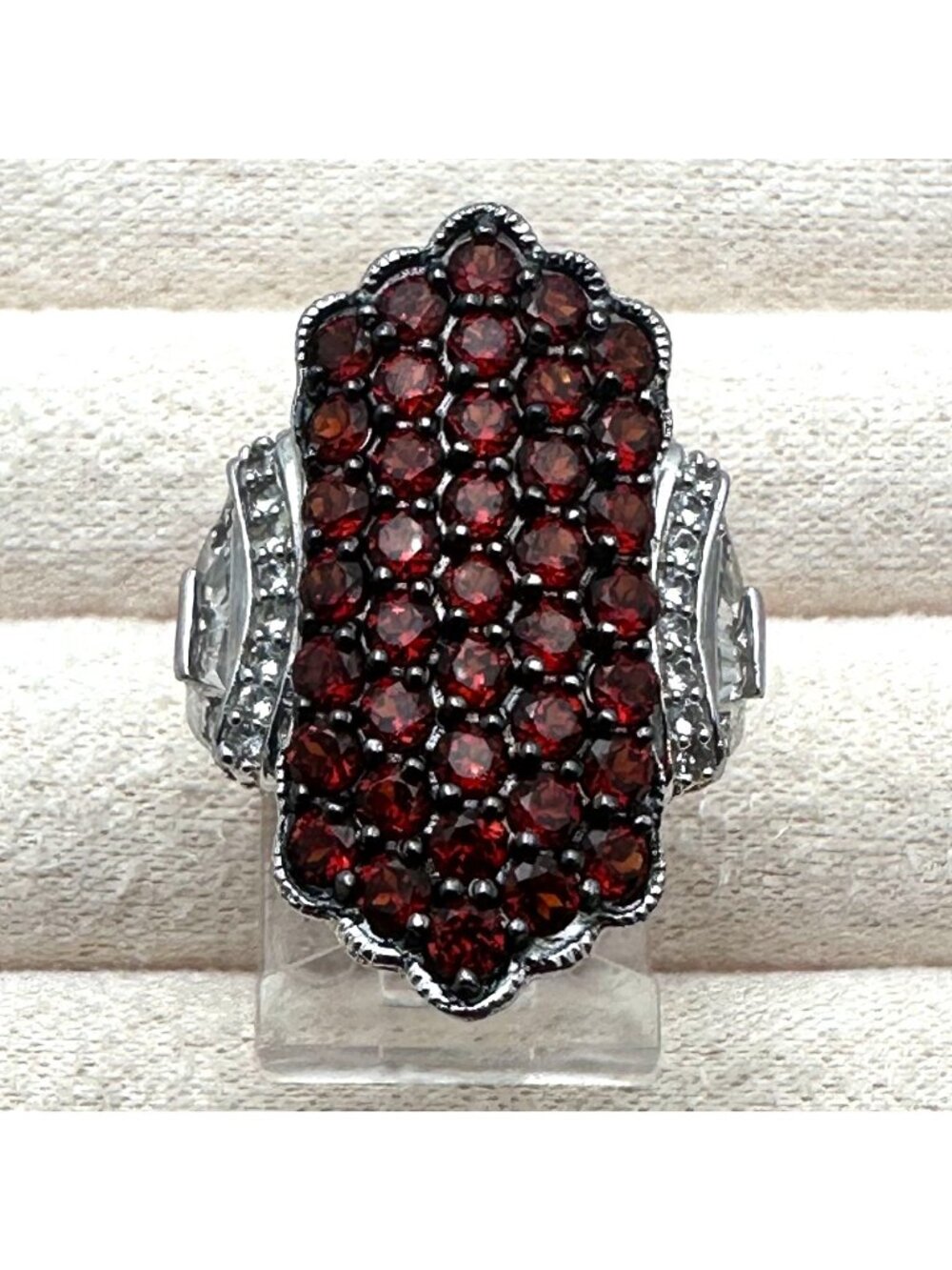Garnet & White Zircon Sterling Silver Ring Size 8 Signed HT
